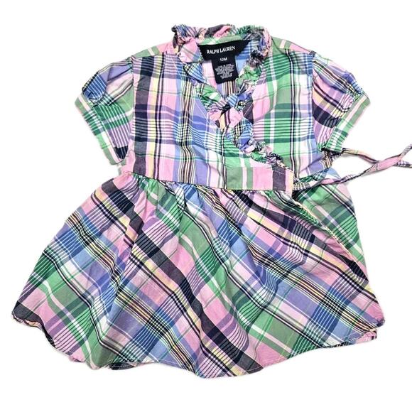 Ralph Lauren Baby Girl 12 Months Dress Pink Plaid Short Sleeve Tie Formal Fringe - Picture 1 of 6
